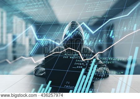 Trading Security And Spying Concept With Noface Hacker Using Laptop An Digital Display With Financia