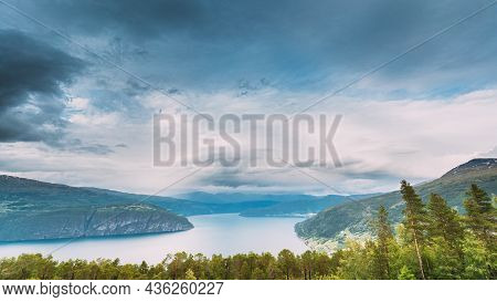 Utvik, Sogn Og Fjordane County, Norway. Norwegian Mountain Lake Landscape. The Innvikfjord Is A Sub-