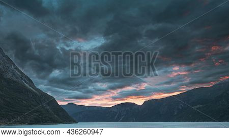 Eidfjord, Hordaland County, Hardanger Region, Hardangerfjord, Norway. Amazing Sunset Sky Above Summe