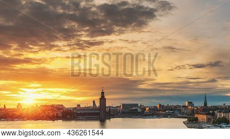 Stockholm, Sweden. Skyline Cityscape Famous View Of Old Town Gamla Stan In Summer Evening. Famous Po