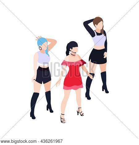 Isometric Icon With Girl Dancing Group Performing On High Heels 3d Vector Illustration