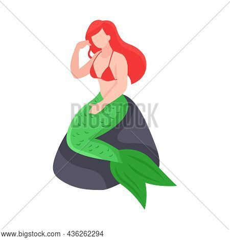 Isometric Mermaid With Green Tail And Red Hair Sitting On Stone Vector Illustration