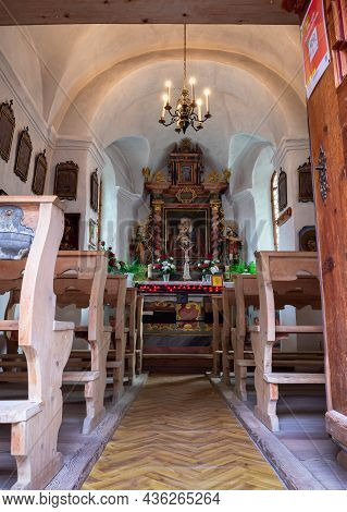 Samnaun, Switzerland - September 28, 2021: Interior Of A Catholic Chapel In Samnaun, A High Alpine V