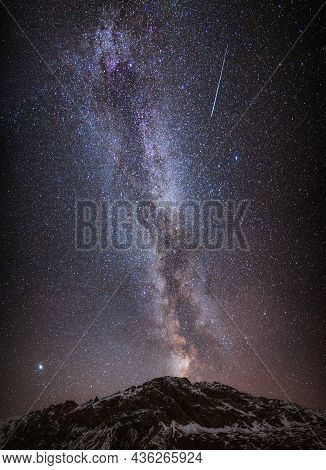 Long Time Exposure Night Landscape With Milky Way Galaxy During The Perseids Flow