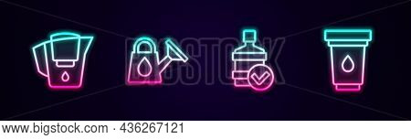 Set Line Water Jug With Filter, Watering Can, Big Bottle Clean Water And Cartridge. Glowing Neon Ico