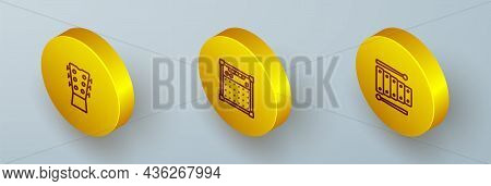 Set Isometric Line Guitar Neck, Amplifier And Xylophone Icon. Vector