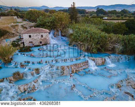 Toscane Italy August 2021, Natural Spa With Waterfalls And Hot Springs At Saturnia Thermal Baths, Gr