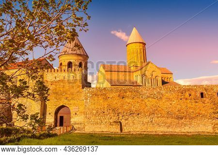 Sunset Panorama Of Alaverdi Georgian Eastern Orthodox Monastery In Kakhetia Region In Eastern Georgi