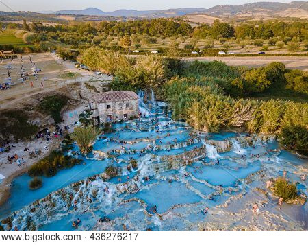 Toscane Italy August 2021, Natural Spa With Waterfalls And Hot Springs At Saturnia Thermal Baths, Gr