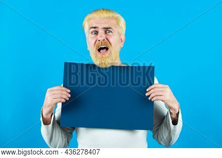 Portrait Of Man Holding Sign Card. Booklet Design Sheet Display Read First Person. Business Concept.