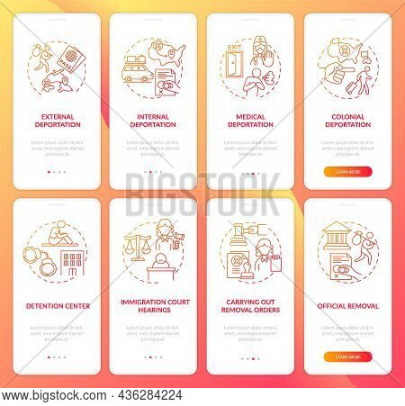 Deportation Red Onboarding Mobile App Page Screen Set. Official Processing Walkthrough 4 Steps Graph