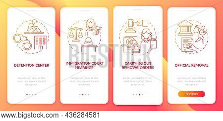 Deportation Process Red Onboarding Mobile App Page Screen. Official Removal Walkthrough 4 Steps Grap
