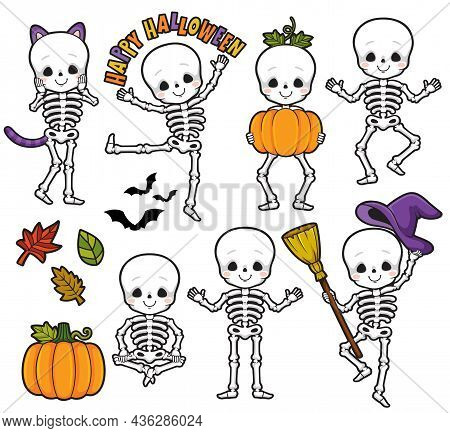 Cute Skeletons For Halloween. Set Of Cartoon Friendly Skeletons With Various Holiday Symbols.