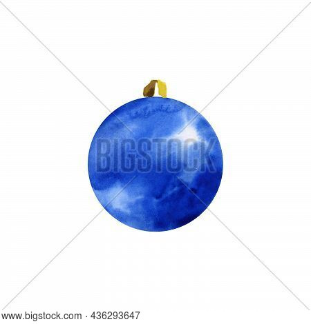 Christmas Decorations On Christmas Tree Of Watercolor Stains Blots. Watercolor Blue Christmas Ball