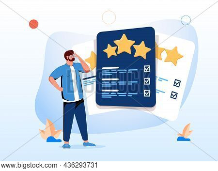 A Cute Cartoon Guy And Rating Cards. Choosing The Right Tariff Plan, Pricing Table, Evaluating, And 
