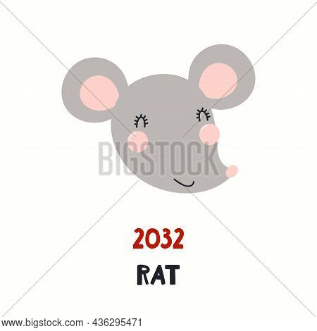 Cute Cartoon Rat Face, Asian Zodiac Sign, Astrological Symbol, Isolated On White. Hand Drawn Vector 