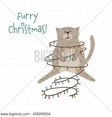 Cute Cat Sitting Like A Christmas Tree In Garland Holyday Card