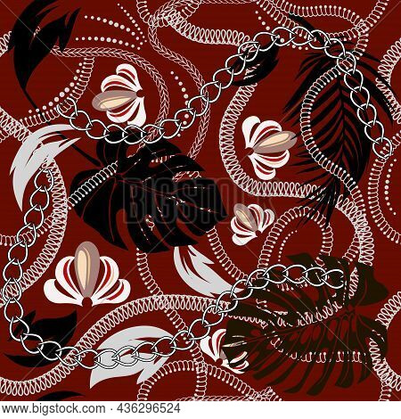 Palm Leaves And Chains Seamless Pattern. Ornamental Colorful Vector Background. Decorative Floral Ba