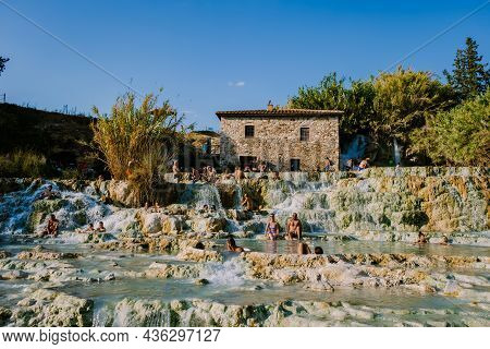 Toscane Italy August 2021, Natural Spa With Waterfalls And Hot Springs At Saturnia Thermal Baths, Gr
