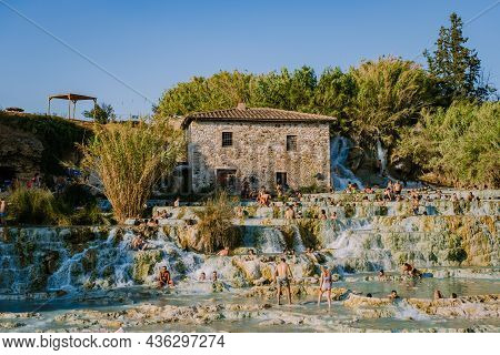 Toscane Italy August 2021, Natural Spa With Waterfalls And Hot Springs At Saturnia Thermal Baths, Gr