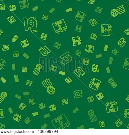 Set Line Cannon, Medal With Star And Calendar Date July 4 On Seamless Pattern. Vector