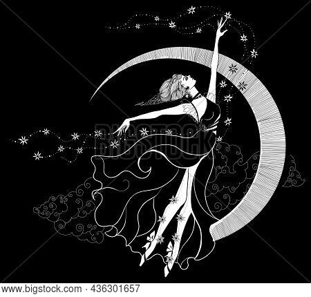 Graphic Silhouette Of A Art Deco Woman. Moon And Stars Queen. Flat Style Illustration. Fashion Luxur