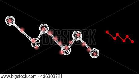 Glossy Mesh Vector Down Trend With Glow Effect. White Mesh, Flash Spots On A Black Background With D