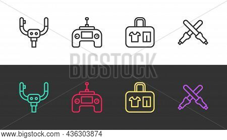 Set Line Aircraft Steering Helm, Drone Remote Control, Suitcase And Marshalling Wands On Black And W