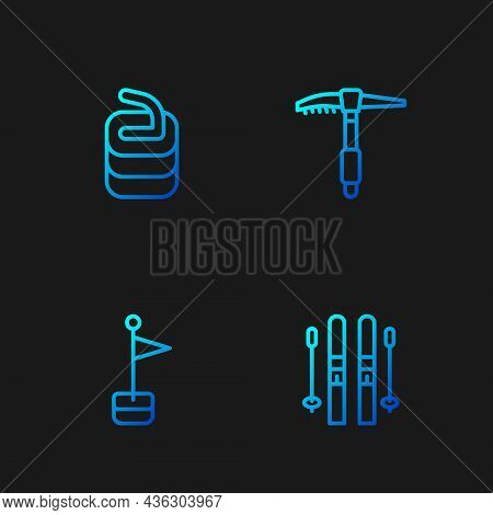 Set Line Ski And Sticks, Location Marker, Stone For Curling And Ice Axe. Gradient Color Icons. Vecto