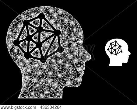 Glossy Mesh Vector Human Barin Network With Glare Effect. White Mesh, Glare Spots On A Black Backgro