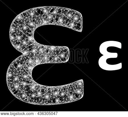 Bright Mesh Vector Epsilon Greek Lowercase Symbol With Glow Effect. White Mesh, Bright Spots On A Bl