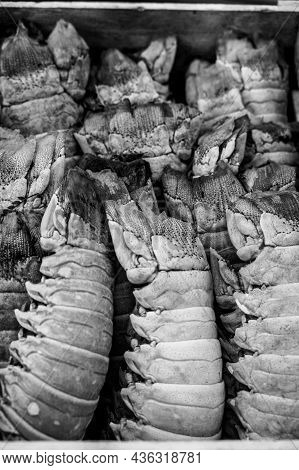 Decorative Box Full Of Dried Lobbster Tail At The Entrance To A Restaurant.