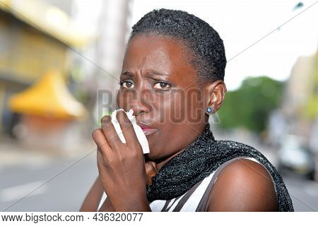 Young Woman Coughs With Sore Throat Wearing Black Scarf Feeling Sick And Suffocated By Pollution Of 