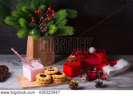 New Year's Christmas Treat. Cookies And Strawberry Milk Gift In A Box