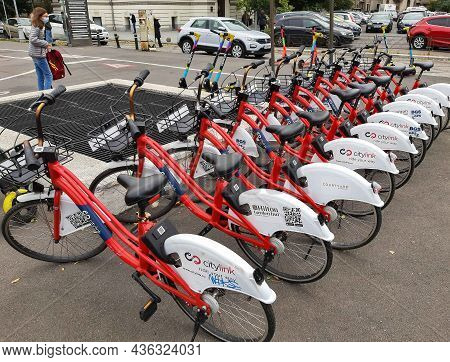 Bucharest, Romania - October 07, 2021: Citylink Bikes Are Parked On A Sidewalk In Bucharest. This Im