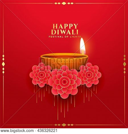 Happy Diwali Red Pooja Background With Realistic Diya And Flower