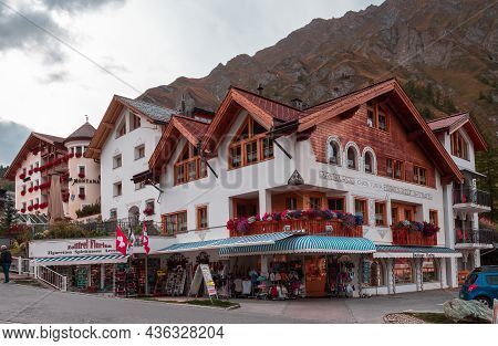 Samnaun, Switzerland - September 28, 2021: Townscape Of Samnaun With Duty Free Shops, Restaurants An