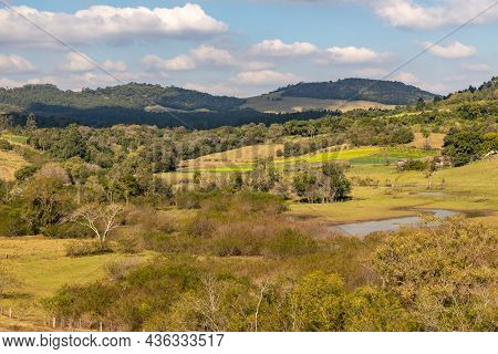 Farm Fields, Lake, Plantation And Forest In Sao Jose Do Hortencio, Rio Grande Do Sul, Brazil