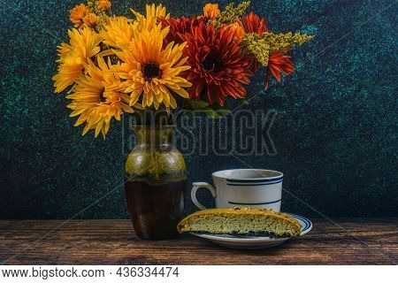 Assorted Flowers With Green Tea And Biscotti