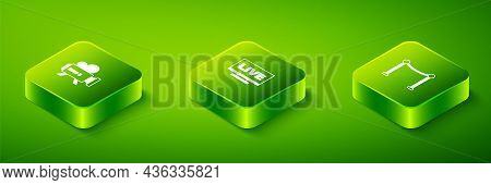 Set Isometric Live Stream, Rope Barrier And Retro Cinema Camera Icon. Vector