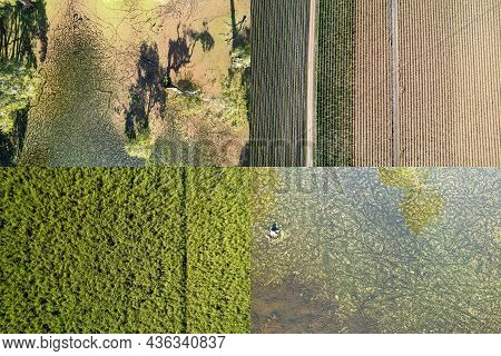 Four Landscape Aerial Patterns Looking Down From A Drone Directly Above