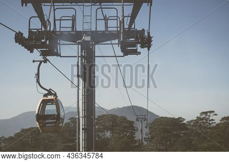 Circulating Cable Car Between Dalat Bus Station And Robin Hill Truc Lam Vietnam. Close-up View Of In