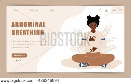 Diaphragmatic Breathing. Landing Page Template. African Girl Practicing Abdominal Breathing For Rela