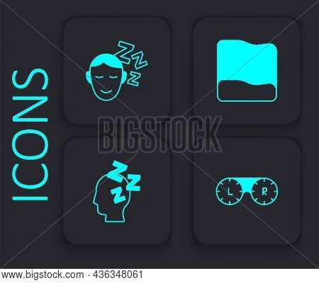 Set Contact Lens Container, Dreams, Pillow And Icon. Black Square Button. Vector