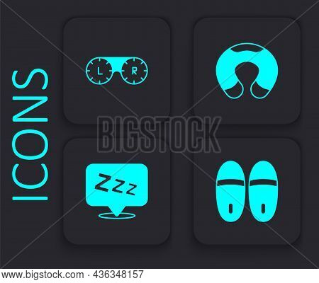 Set Slippers, Contact Lens Container, Travel Neck Pillow And Sleepy Icon. Black Square Button. Vecto