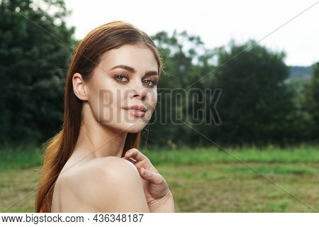 Pretty Woman Attractive Look Bare Shoulders Green Leaves Cropped View
