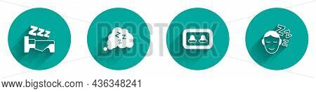 Set Time To Sleep, Sleepy, Earplugs With Storage Box And Dreams Icon With Long Shadow. Vector