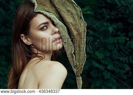 Smiling Woman In A Field Outdoors Bare Shoulders Clear Skin Cropped View