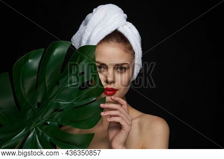 Attractive Woman Palm Leaf Bare Shoulders Clear Skin Dark Background