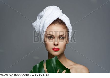 Beautiful Woman Bare Shoulders Red Lips Posing